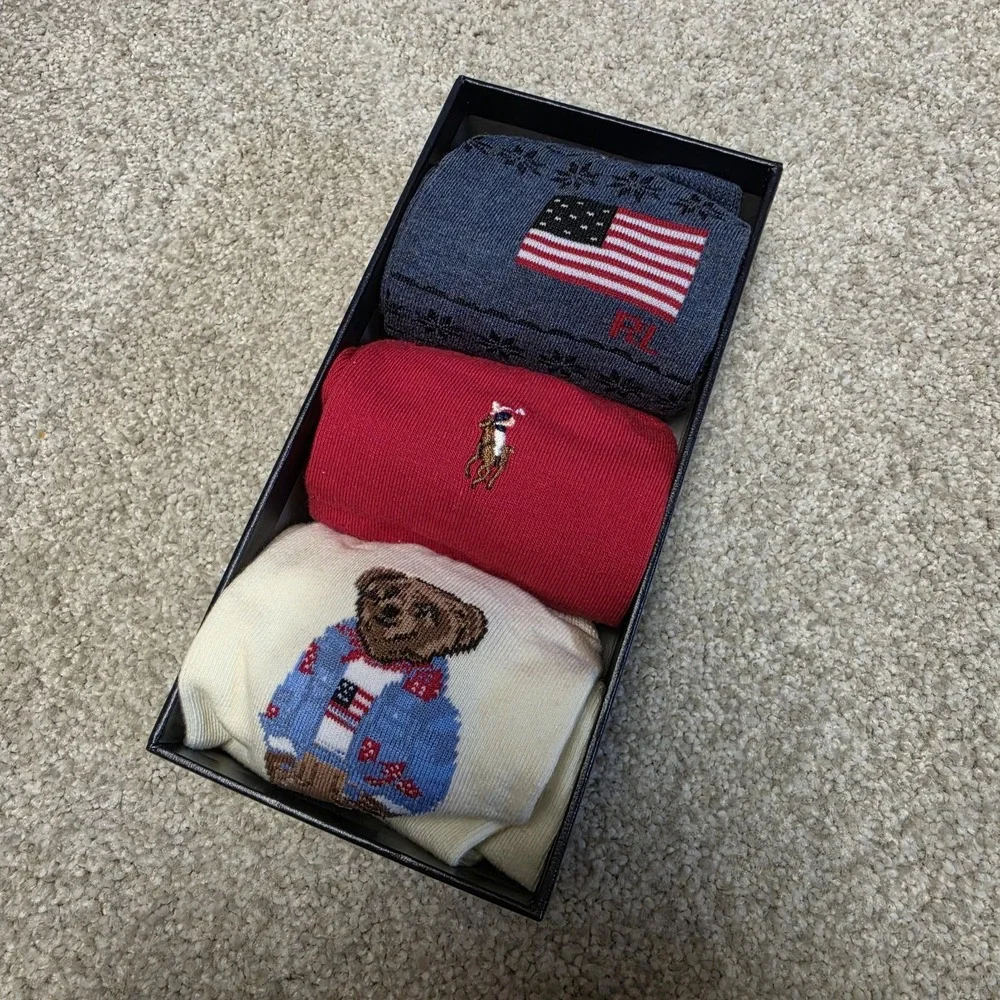 Polo Ralph Lauren Women's 3 Pair Sock‎ Gift Set Bear Flag Pony Crew Socks 9-11